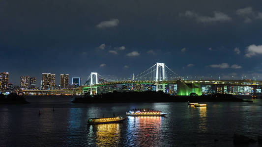 日本东京台场彩虹桥与东京湾夜景景观全景