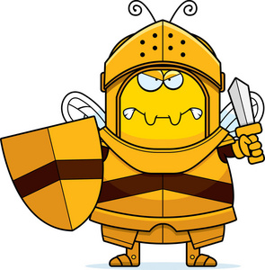 一只蜜蜂骑士看起来很生气的卡通插图