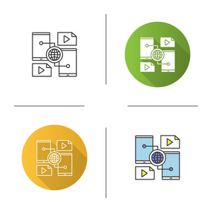 内容共享图标。互联网智能手机数据传输。平面设计, 线形和颜色样式。孤立向量插图