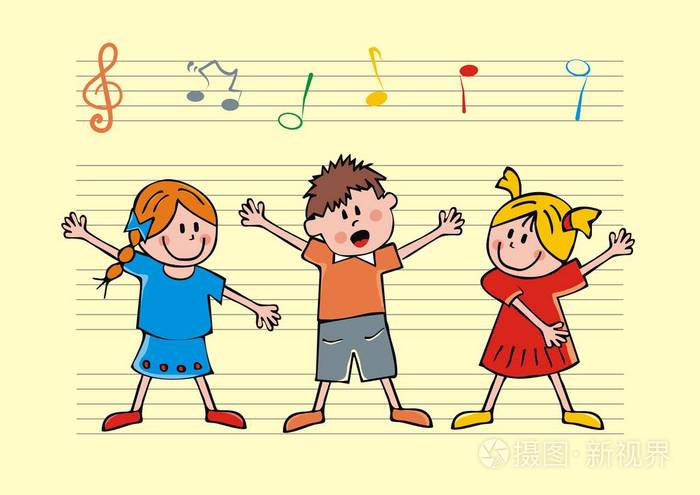 唱歌的孩子, 在背景是壁和音乐笔记, 矢量图标