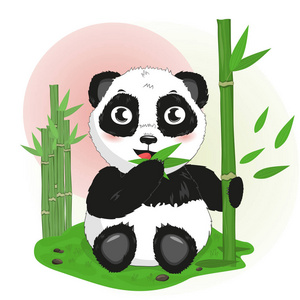 可爱卡通小动物中国熊猫熊吃竹子, 矢量隔离插图剪贴画照片
