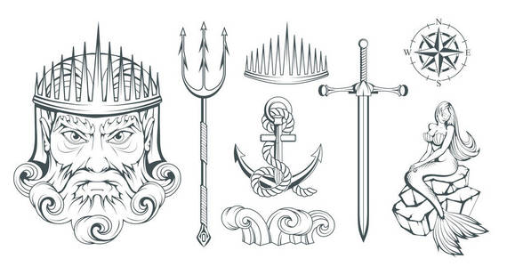 希腊神话.海王星三叉戟.奥林匹克神收藏.手拉人的头.大胡子的人.