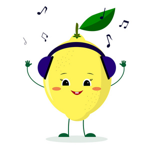 一个可爱的柠檬字符在卡通风格听音乐的耳机.矢量插图, 平面样式照片