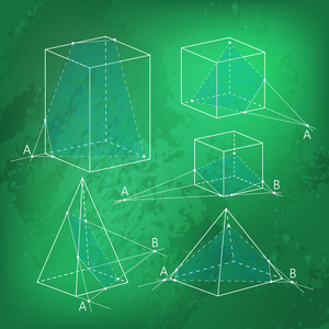 数学图片节的多面体。黑板上的几何背景