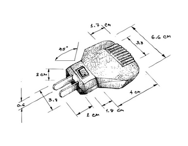 插图手绘素描尺寸的电源插头隔离在白色背景。与建筑物和其他场所的电源相连的电气设备