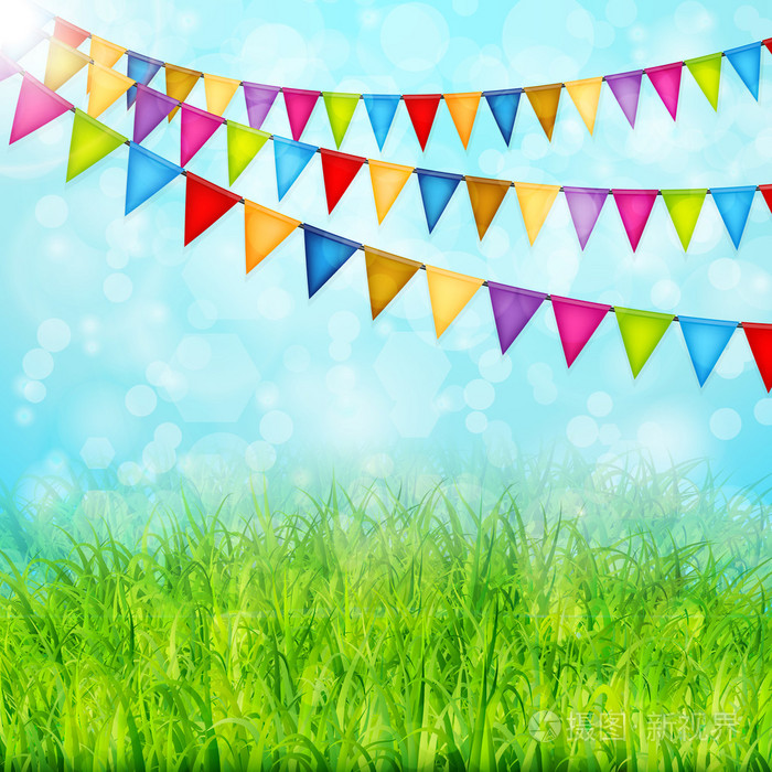 五颜六色的彩旗和绿草矢量贺卡
