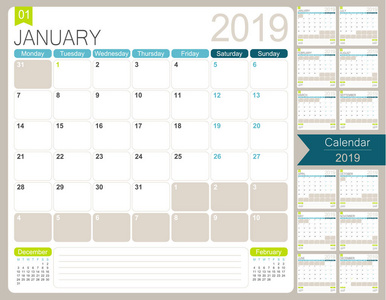 英语日历计划 2019, 星期开始在星期一, 设置12月 1月December日, 简单的日历模板, 书桌计划日历, 向量例证