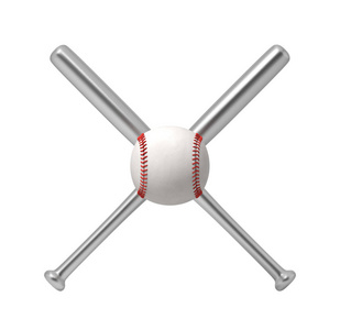 3d. 两只钢制棒球蝙蝠在他们面前制作十字形的巨型白色棒球