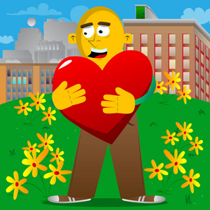 黄色的男人抱着大红色的心。矢量卡通插画