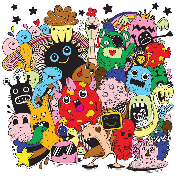 矢量插图的涂鸦可爱的怪物背景, 手绘涂鸦