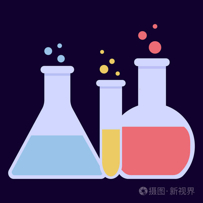 实验室玻璃烧瓶和试管用蓝色, 黄色和粉红色液体.化学和生物实验.