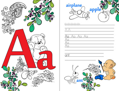 字母。Abc。学习写信。为孩子和他们的父母。食谱。插图英文字母表。用兔子和熊学习字母。矢量插图。着色书