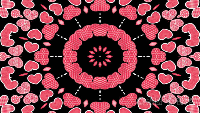 抽象多彩的爱情心与激情色彩概念对称图案观赏装饰万花筒运动几何圈和