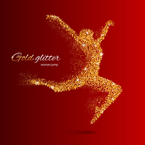 在红色上跳舞的金颗粒形式的女人