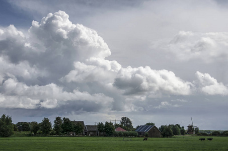 荷兰 Nigtevecht 附近有草原农场和风车的 cloudscape 的戏剧性的景象。