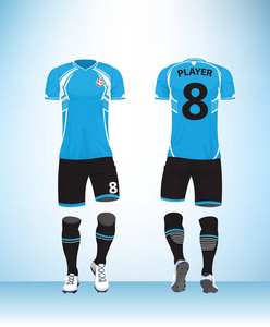 足球球衣或足球 t恤模仿。前后视图蓝色黑色制服。矢量插图