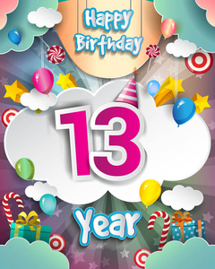 13年生日贺卡和海报设计, 带礼品盒, 气球。周年庆典设计模板