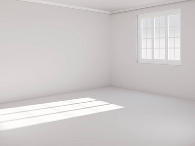 白色3d 渲染的内部模板与轻的墙壁和地板和窗口与阳光, orner 视图