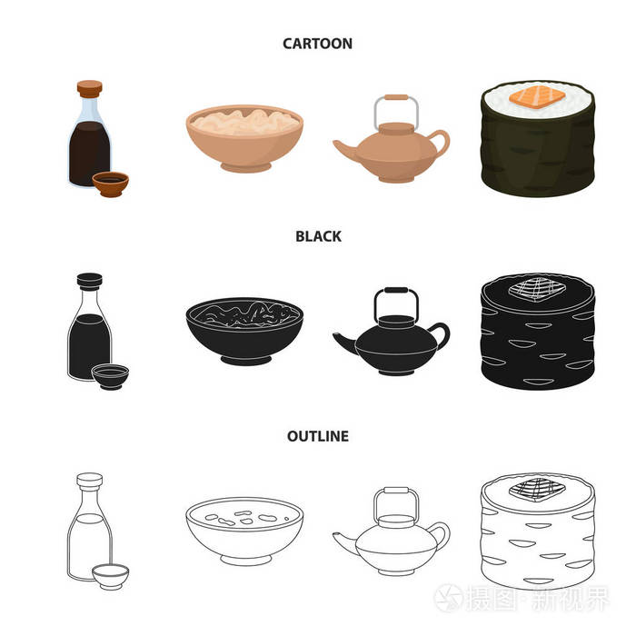 酱油, 面条, kettle.rolls.Sushi 集合图标在卡通, 黑色, 轮廓风格矢量符号股票插画网站