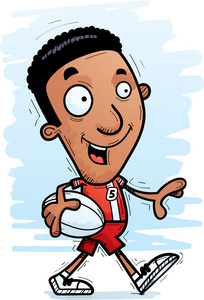 一个黑色男子橄榄球运动员步行的卡通插图
