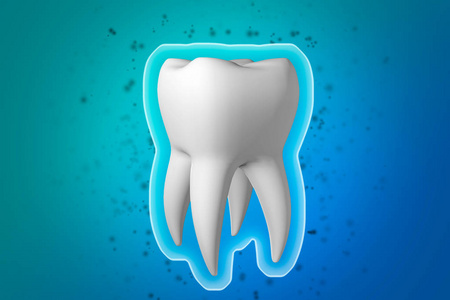 牙齿保护。在蓝色背景上的白色健康牙齿周围保护外壳防护罩。3d. 牙齿的渲染