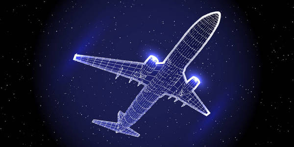 用点构造的抽象客机.大纲线框发光的概念.飞机在星空下飞行.