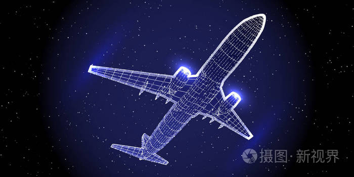 用点构造的抽象客机.大纲线框发光的概念.飞机在星空下飞行.
