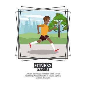 健身男子运行在城市卡通海报与信息矢量插图图形设计