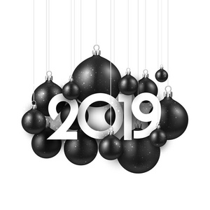 白色2019新年背景与黑色圣诞球。节日闪亮的装饰。贺卡。矢量插图