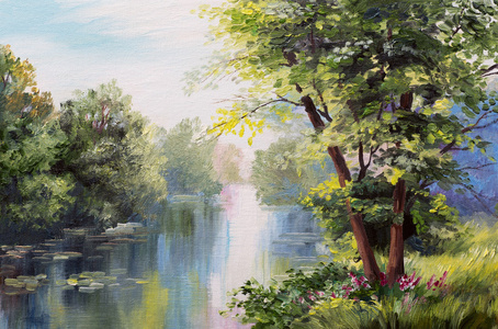 油画风景-湖在森林中,夏季的一天照片