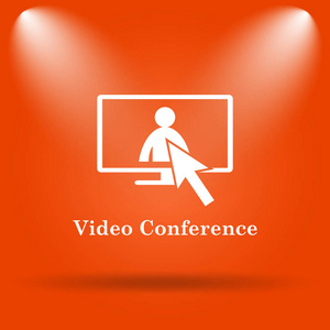 视频会议, 在线会议图标。橙色背景上的互联网按钮