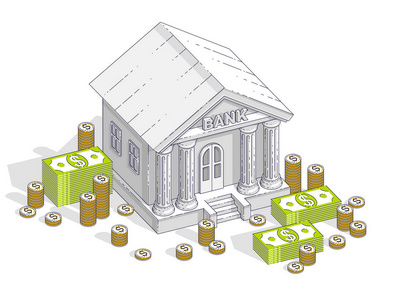 银行大厦以现金金钱美元堆和硬币叠卡通被隔绝在白色背景.