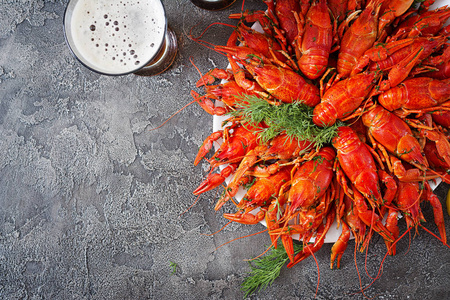 螯 虾。红煮 crawfishes 在餐桌上的质朴风格, 特写。龙虾特写。边界花样。顶部视图