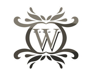 灰色的颜色美丽的豪华经典葡萄酒漩涡或花卉边框徽标设计模板与企业的初始名称在 it 类型字母 w