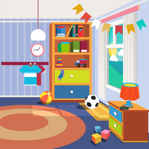 带家具和玩具的儿童卧室内部照片