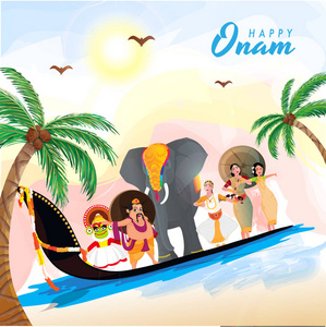 快乐 Onam 庆祝概念例证国王 Mahabali, Kathakali 舞蹈家, 古典舞蹈家, 大象并且蛇小船赛跑显示喀拉拉的