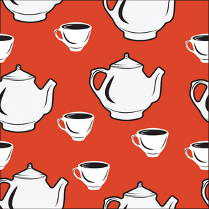 无缝图案, 茶壶带杯红色背景