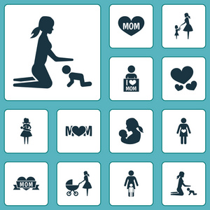 母亲节图标设计理念。12种元素, 如孕妇女儿和妈妈。美丽的象征为母亲, 婴孩和母亲