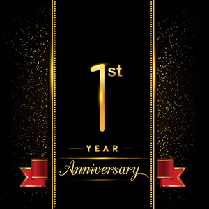 1周年纪念发光的标识与五彩纸屑金色的黑色背景, 贺卡和邀请卡的矢量设计