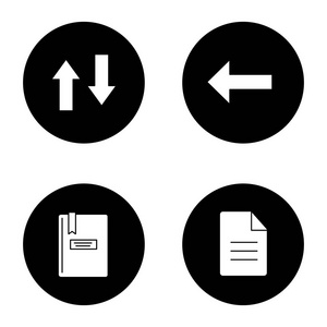 UiUx 标志符号图标设置。垂直交换, 后退箭头, 记事本, 文件。黑色圆圈中的矢量白色剪影插图