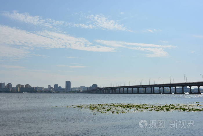 左岸城市景观与树木, 一条水百合河和横跨河的一座新桥