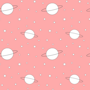 可爱的卡通黑色和白色的行星和恒星上粉红色背景无缝矢量模式图