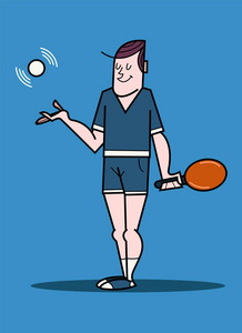 卡通年轻男子乒乓球运动员, 乒乓球桨和球, vecto