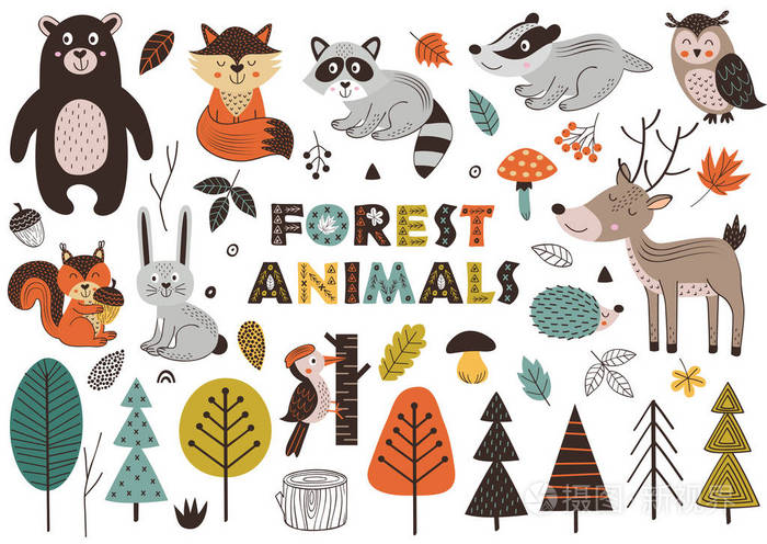 插画 斯堪的纳维亚风格的森林动物和植物. 矢量插图, eps.eps
