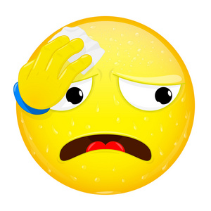 情感热表情符号湿巾用手帕擦汗.努力工作,热,锻炼情感.出汗的图释.