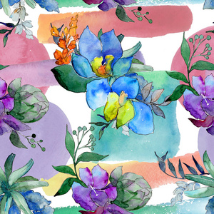 水彩蓝色和紫色的花朵。花卉植物花。独立的插图元素。背景质地包装图案框架或边框的水彩画野花