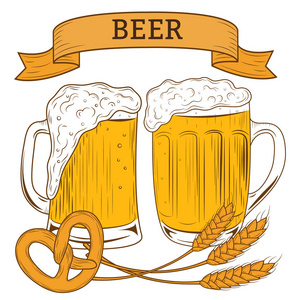 海报上有两个啤酒杯。啤酒节矢量插画手绘