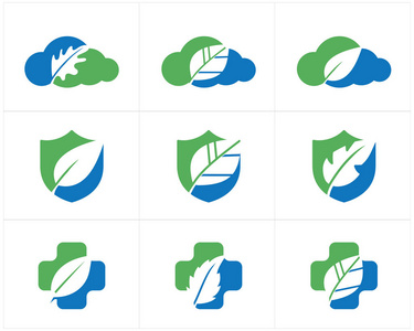 保健和护理标志设计, 药房图标, 橡树叶在十字架, 家庭和盾向量插图