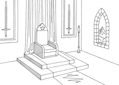 王座室图形城堡内部黑色白色中世纪剪影例证媒介照片