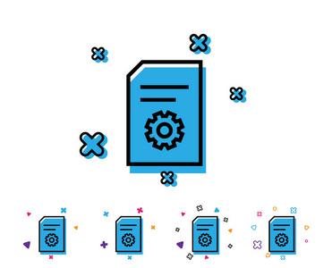 文档管理行图标。带有齿轮符号的信息文件。纸页概念符号。带有几何元素的线条图标。色彩鲜艳的设计。向量